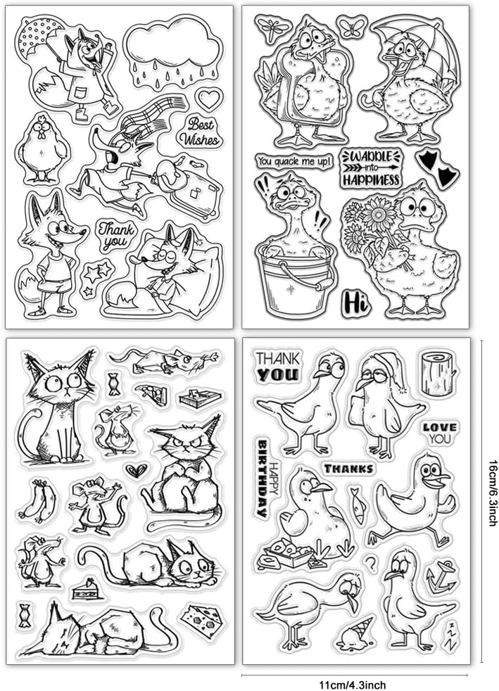 GLOBLELAND 4 Sheets Cartoon Animals Clear Stamp for Scrapbooking Funny Cat Silicone Stamps Cute Duck Transparent Stamp Set for Card Making DIY Embossing Journaling