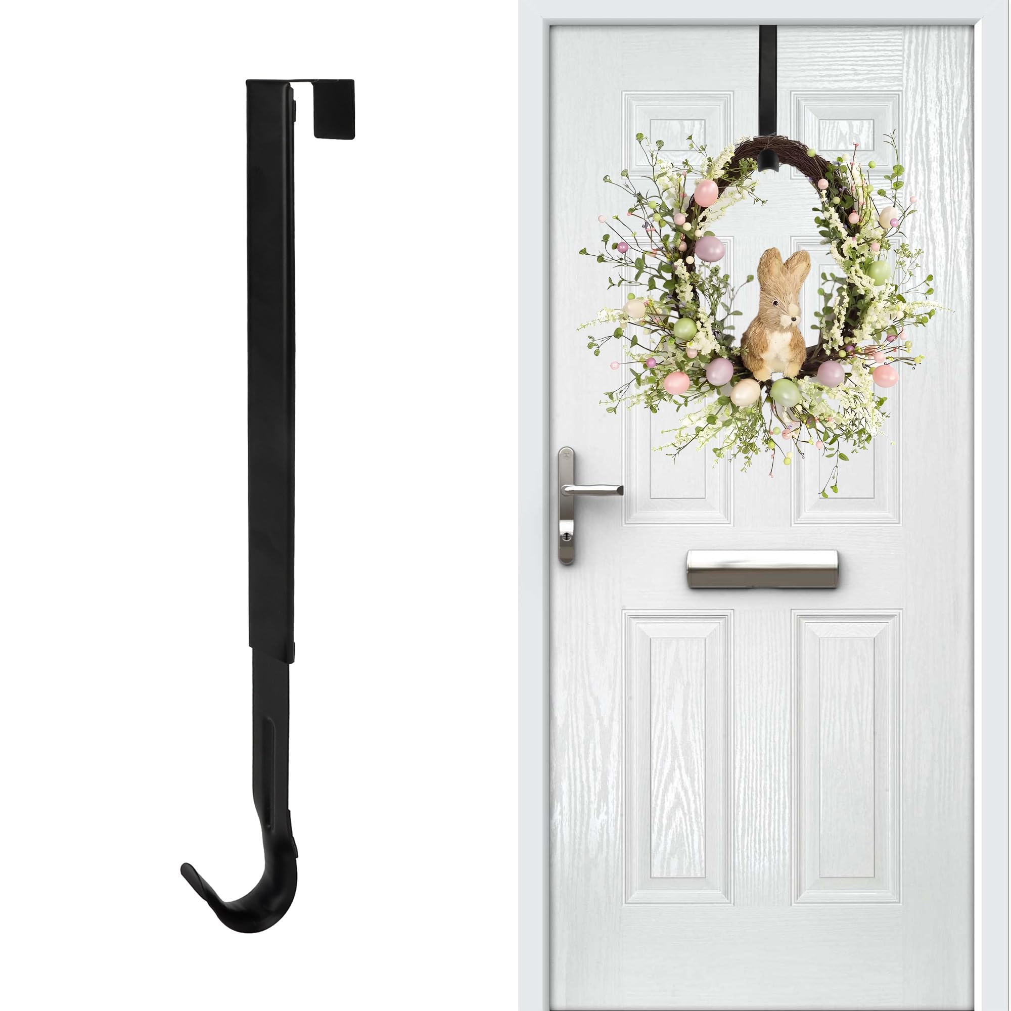 Chffcuh Wreath Door Hanger, Black Wreath Hanger for Front Door, Adjustable Wreath Hanger from 15 to 25 Inches Wreath Hanger, Metal Door Wreath Hanger for Valentine, Spring, Easter Decorations Wreaths