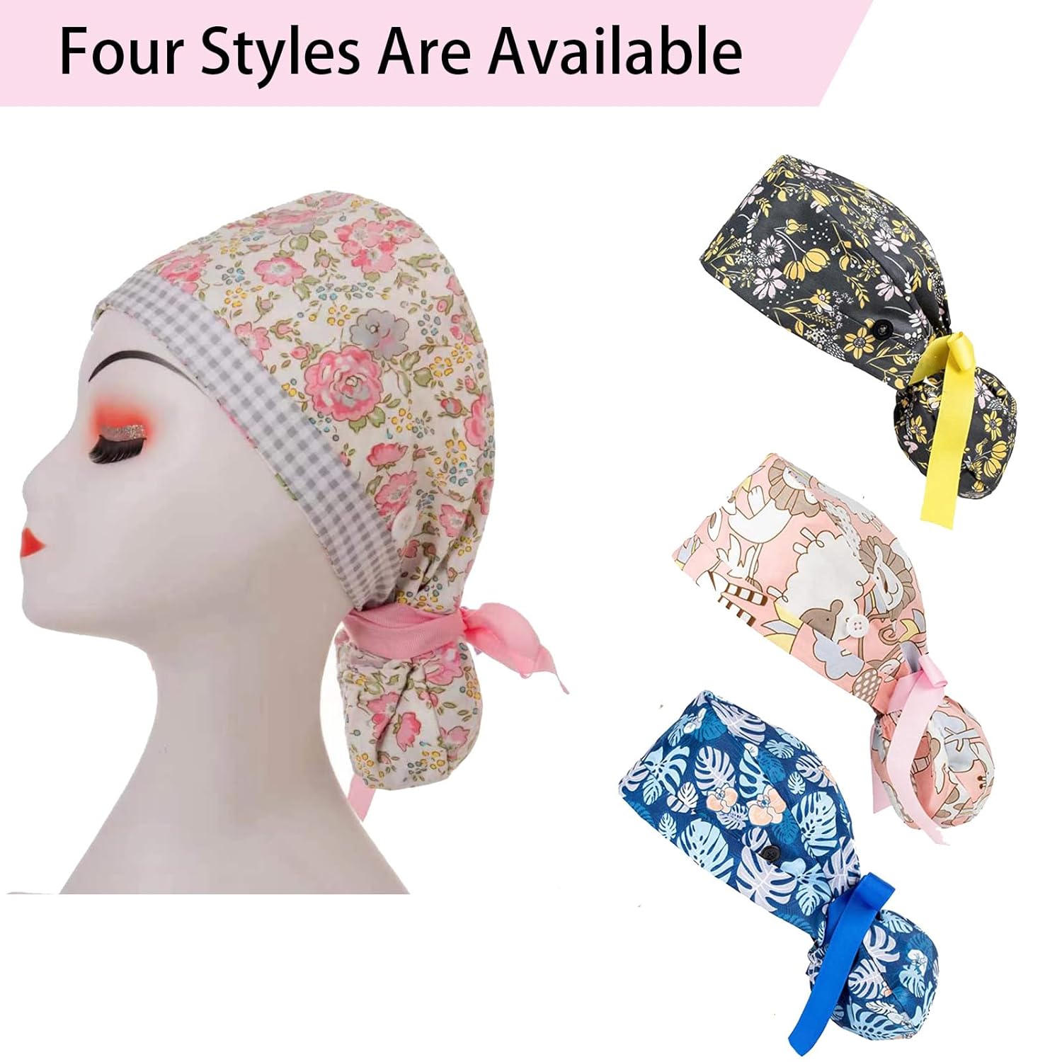 Nursing Caps for Women Hair Covers Scrub Cap Ponytail Working Cap with Buttons and Ribbon Tie for Women Long Hair - Image 3