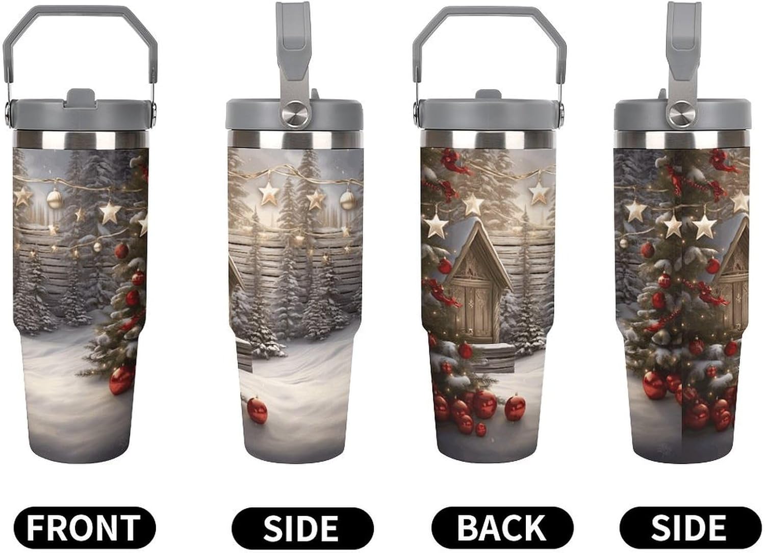 Christmas Wood Water Bottle 30 Oz Fits Car Cup Holder,Insulated Coffee Mug Large Capacity Car Cups,Stainless Steel Double Wall Sport Bottle for Travel Sports Gym