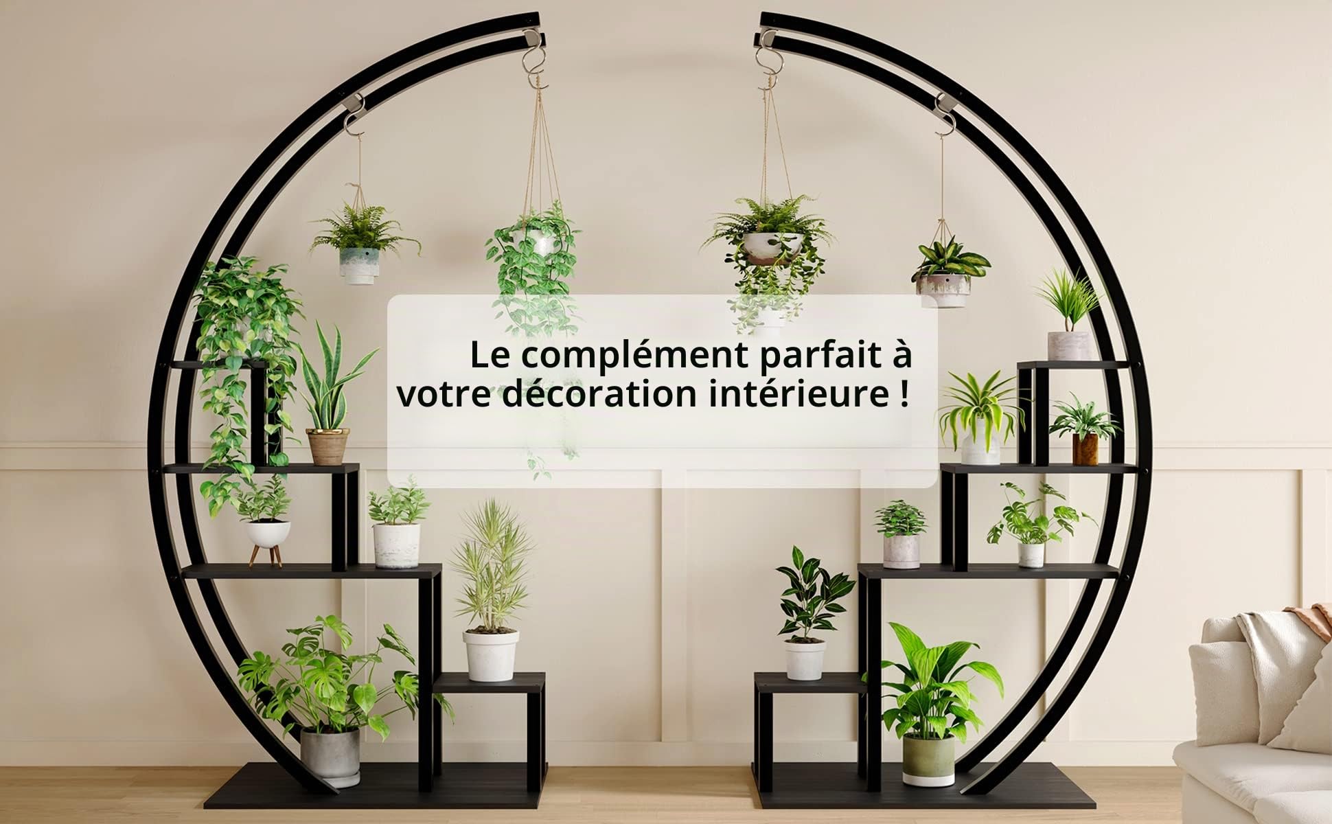 GarveeHome Étagère à plantes demi-lune 5 niveaux, lot de 2, métal noir – Support vertical moderne avec crochets pour pots suspendus –Organisation pour salon, balcon, jardin, terrasse – noir