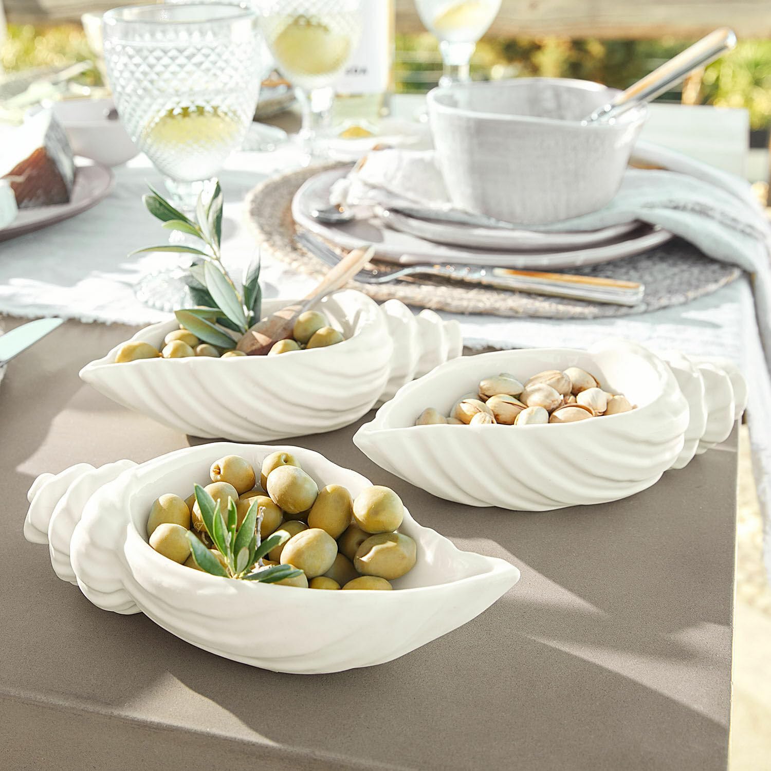 LOBERON Schale 3er Set Portavin, Muschel-Design, Maritimes Flair, für Snacks & Deko, Tischaccessoires, Servierschale, Porzellan, weiß