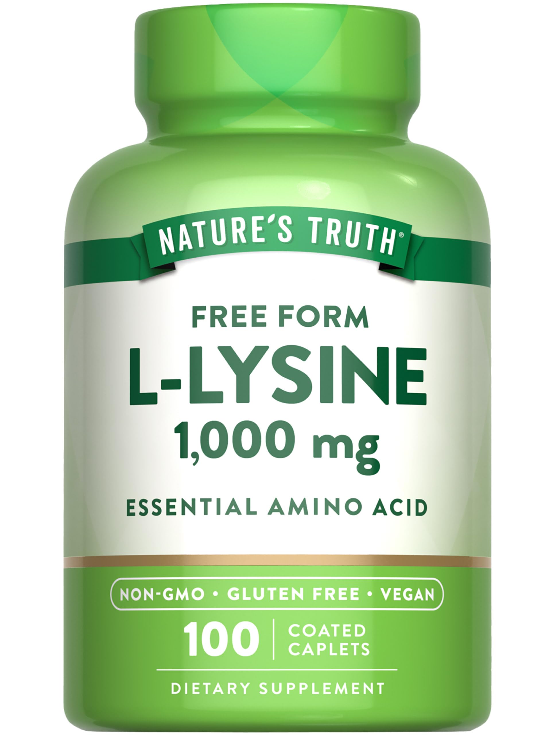 Nature's Truth L Lysine 1000mg Capsules | 100 Coated Caplets | Free Form | Vegetarian, Non-GMO, Gluten Free |
