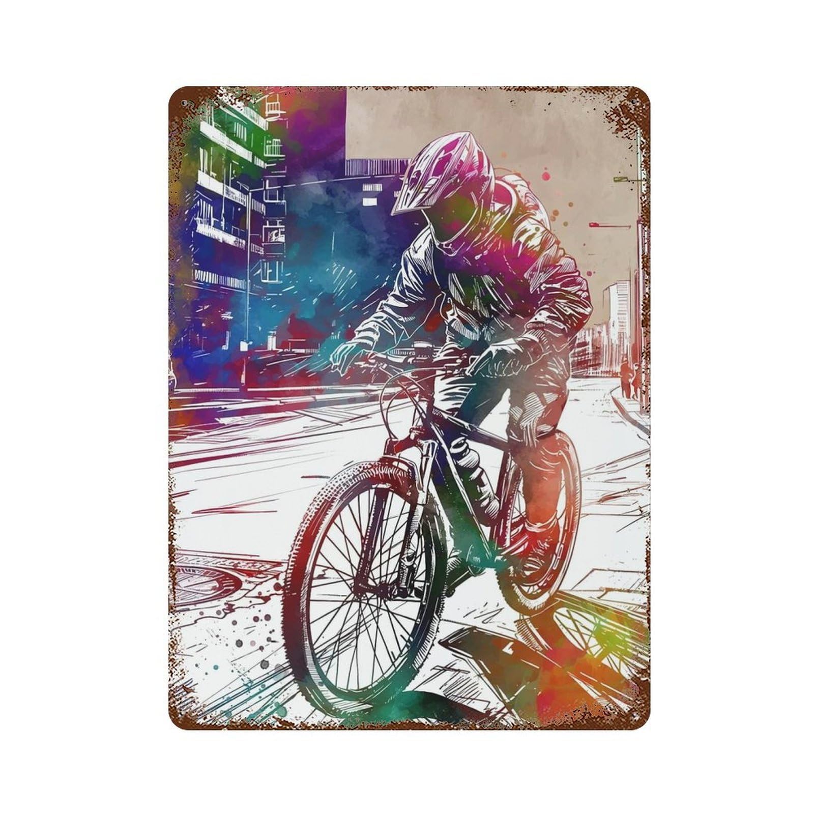 Decorative Tin Sign with Cyclist in City Design 15.7"x11.8", for Farmhouse, Kitchen And Entryway Decor, Old School Wall Decor