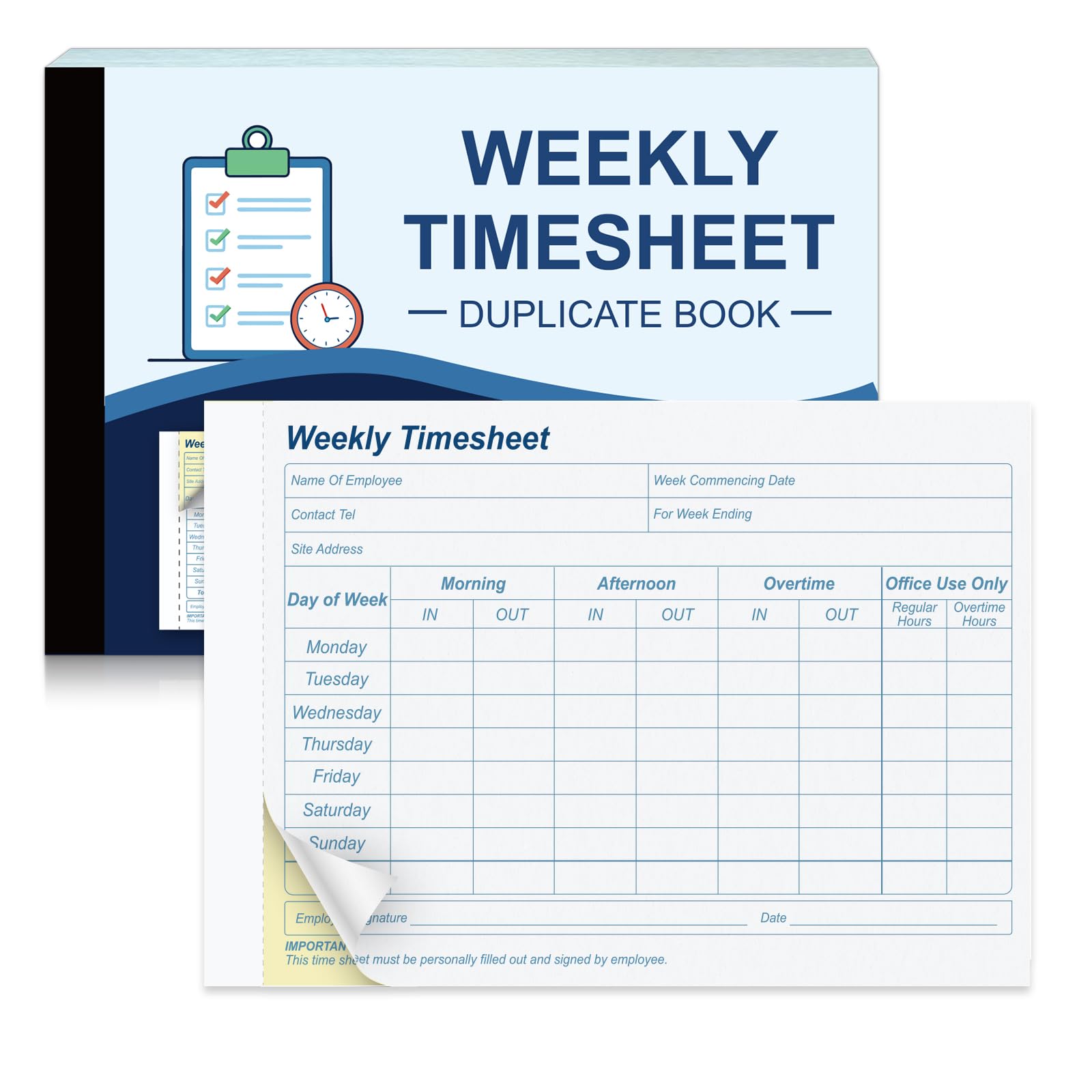 1 Pack A5 Weekly Timesheet Duplicate Book 50 Sets Carbonless Tear Off Pad Employee Timesheet Log Book Record Employee Work Hours & Overtime for Small Businesses