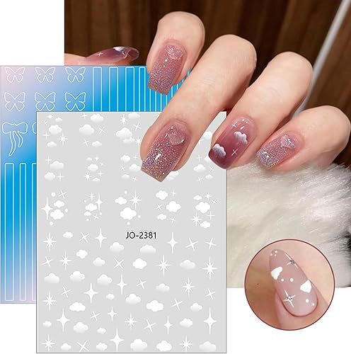 Miniatura 5 de 6 hojas de calcomanías de uñas de nubes coloridas, estrellas, luna amarilla, corazón, rosa, blanco, suministros de uñas, suministros de uñas