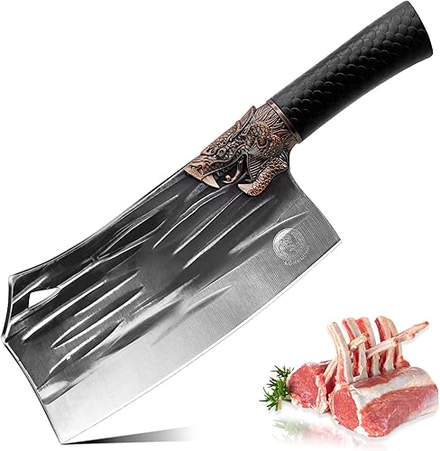 LONGQUAN Cuchillo de carnicero chino para cortar carne, cuchillo de chef chino, hoja resistente, 7.6 pulgadas, forjado a mano, cuchillo picador de