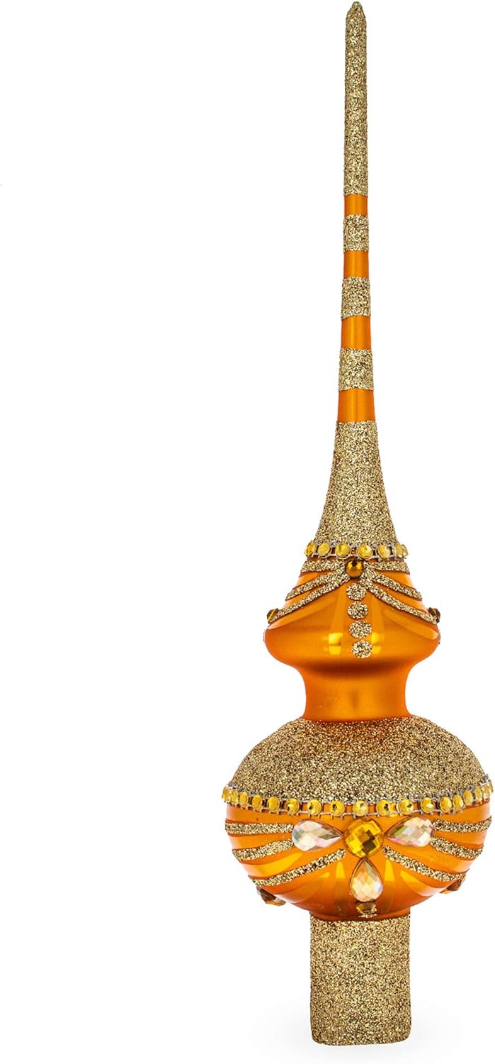 Dimensional White and Golden Jewels on Sparkling Orange Glass Christmas Tree Topper 11 Inches