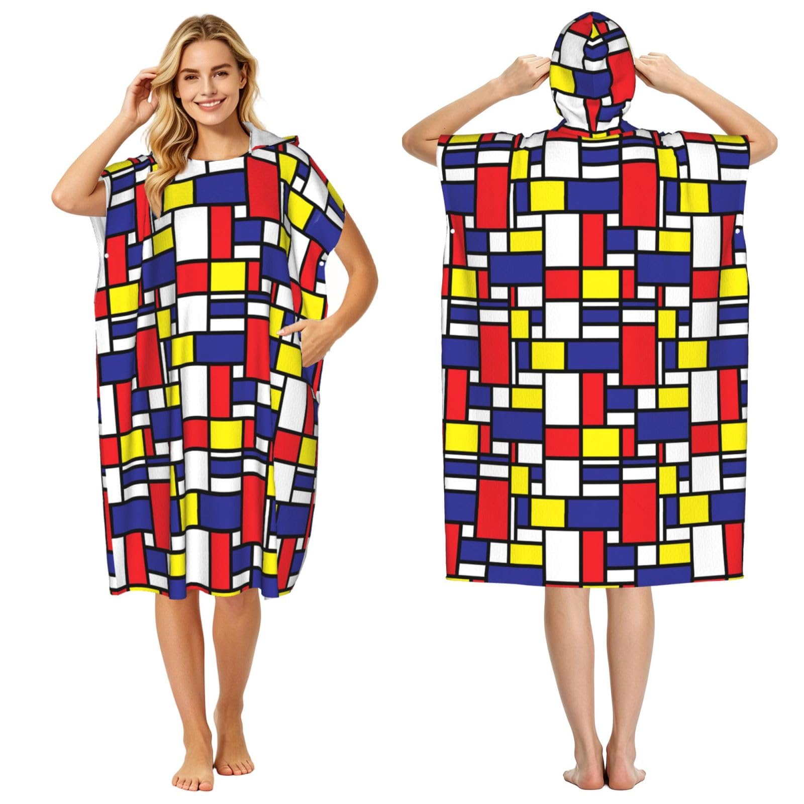 Poadnly Mondrian Pattern Printing, Adult Hooded Beach Towel 90 x 110 cm,Changing Bath Robe, Surf Poncho Towel For Women Men