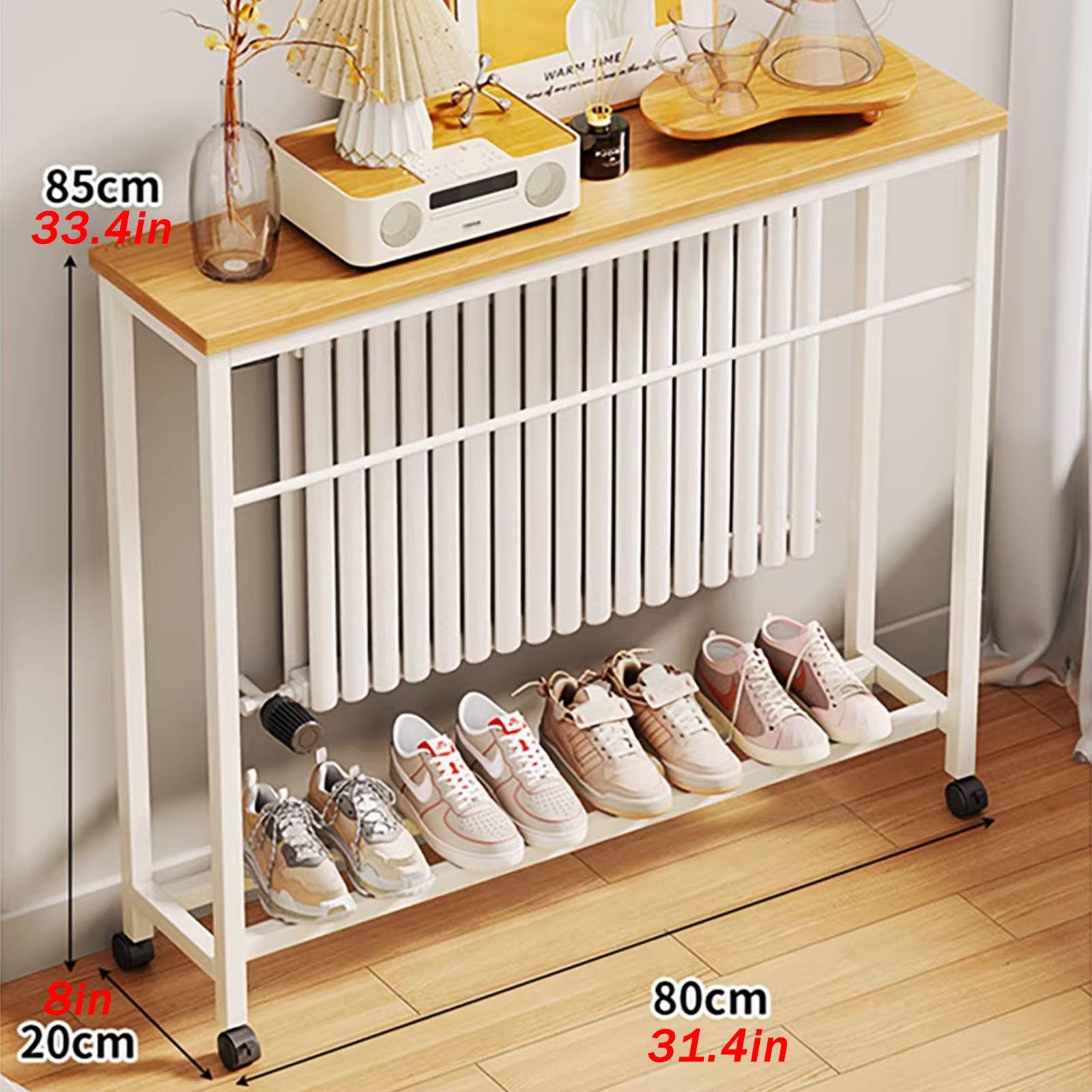 Funda estrecha para radiador con ruedas, mesa de consola versátil para sala de estar y cocina, elegante mesa de sofá sobre radiador con barra transversal reforzada