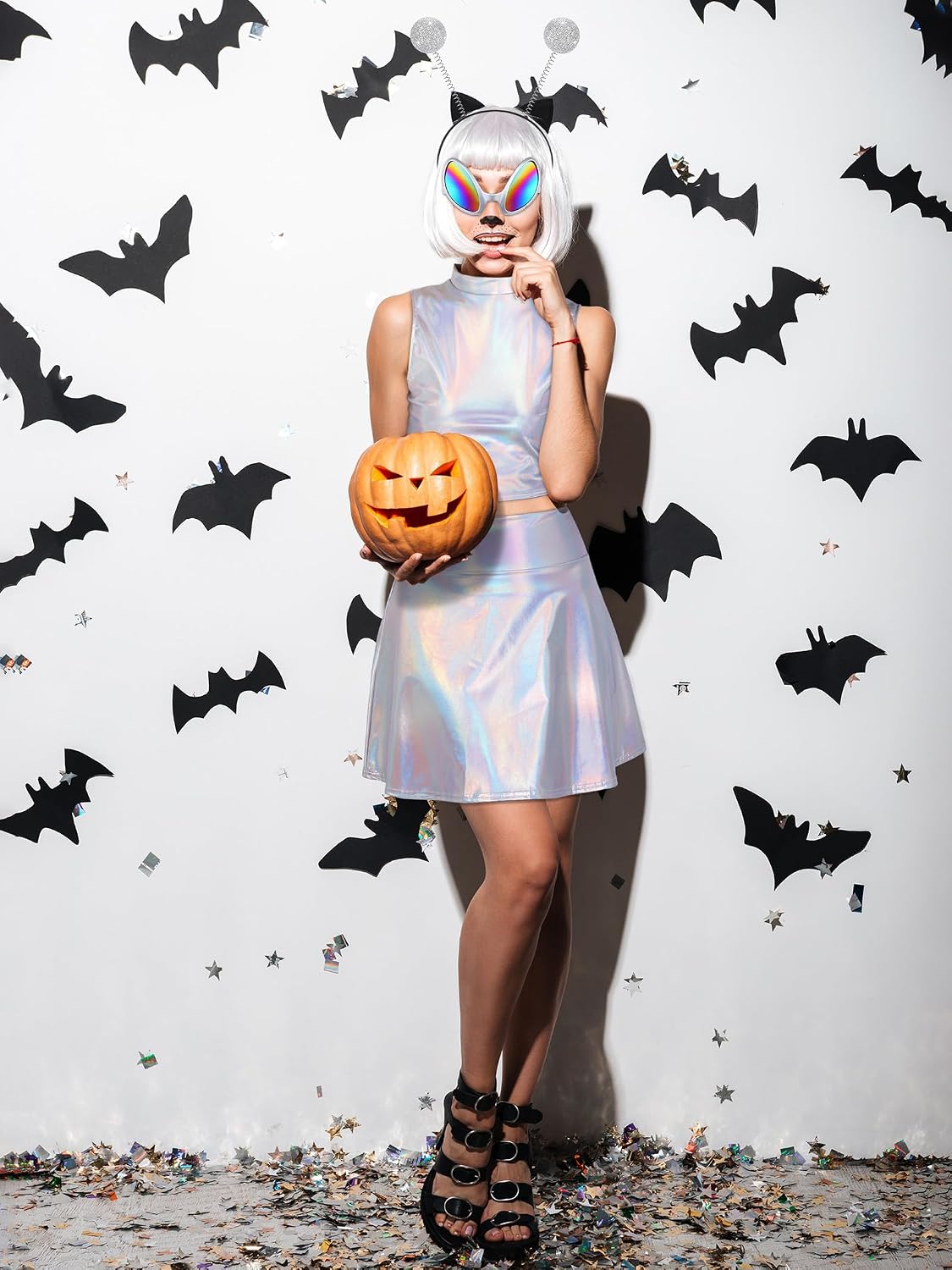 SOMSOC Alien Costume Metallic Top Sleeveless Crop Tank Top Pleated Skirt with Headband Glasses Glitter for Halloween Cosplay