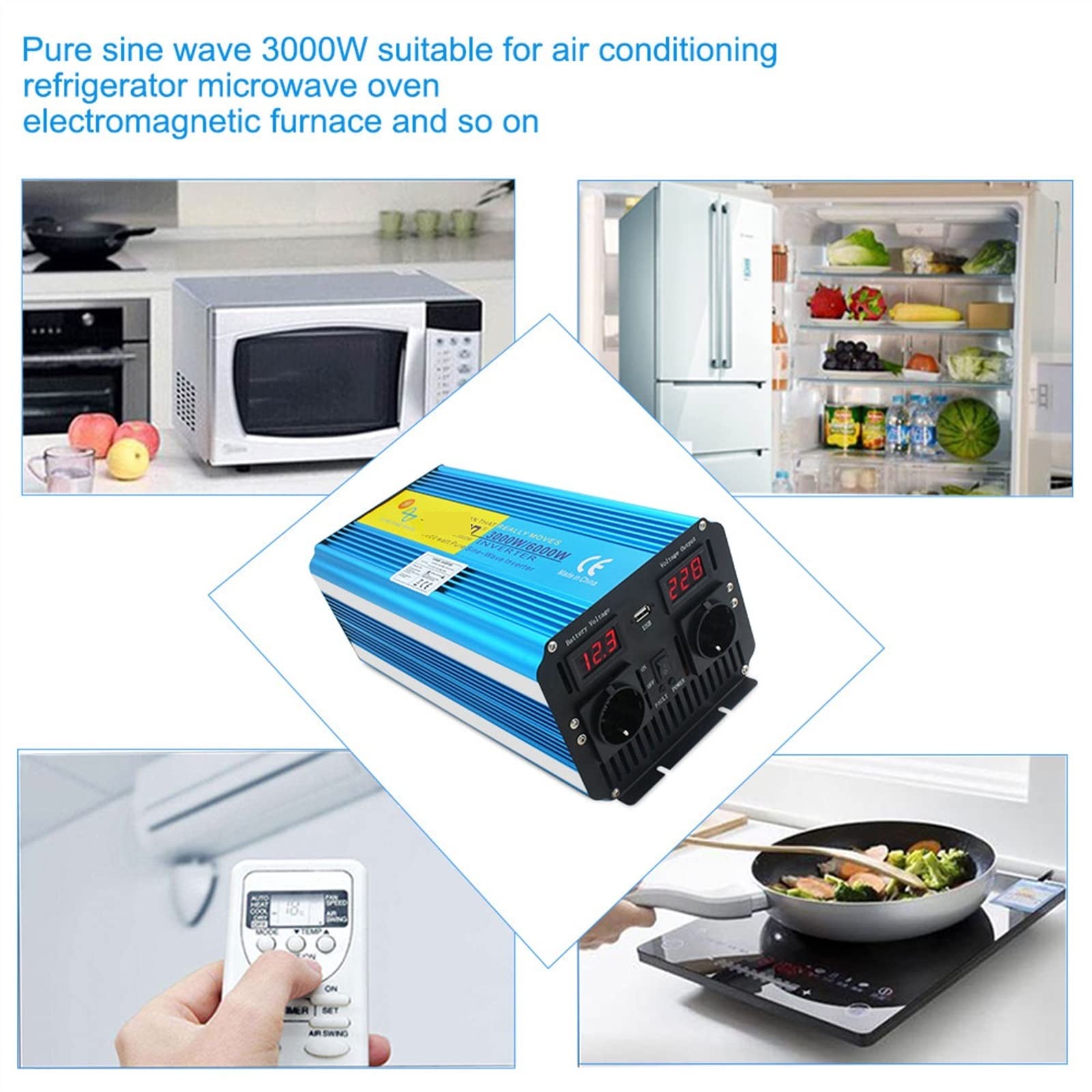 Inverter a onda sinusoidale pura Inverter 12v/ 24v 220v 6000w 50HZ/60HZ Onda sinusoidale pura Convertitore trasformatore di tensione solare Display a LED Ricarica doppia presa UE(12V 60HZ)
