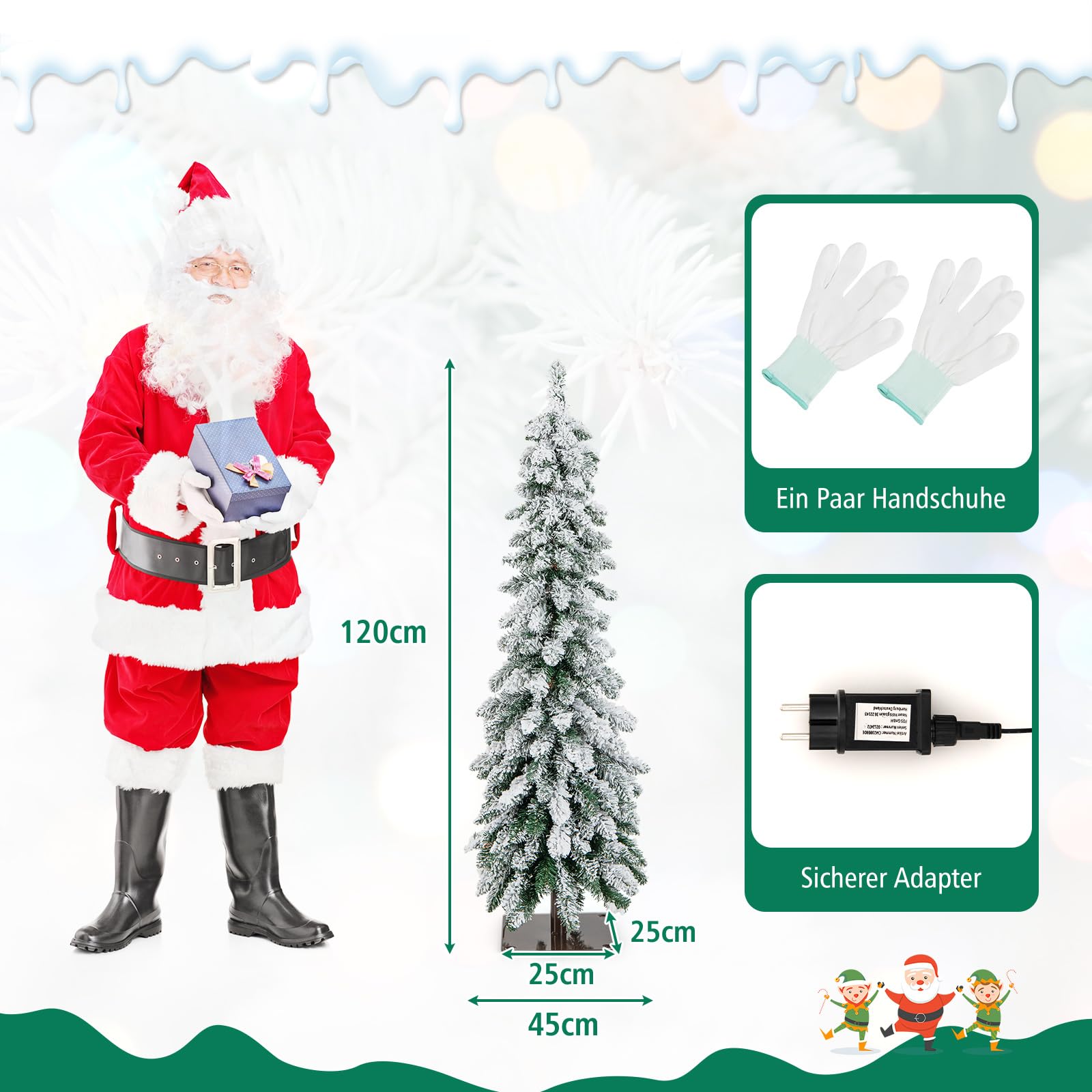 COSTWAY 120cm Bleistift Weihnachtsbaum mit Schnee, LEDs in warmweiß und bunt | 11 Lichtmodi | Timer, künstlicher Tannenbaum mit Beleuchtung & Metallständer, Christbaum Kunstbaum Weihnachten, Weiß
