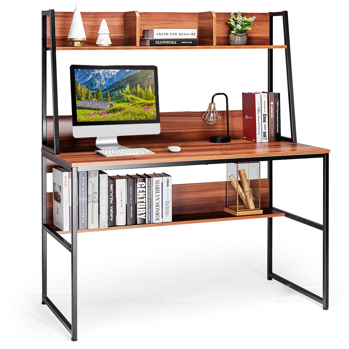 COSTWAY Computer Desk with Storage Bookshelf, 2-in-1 Workstation PC ...