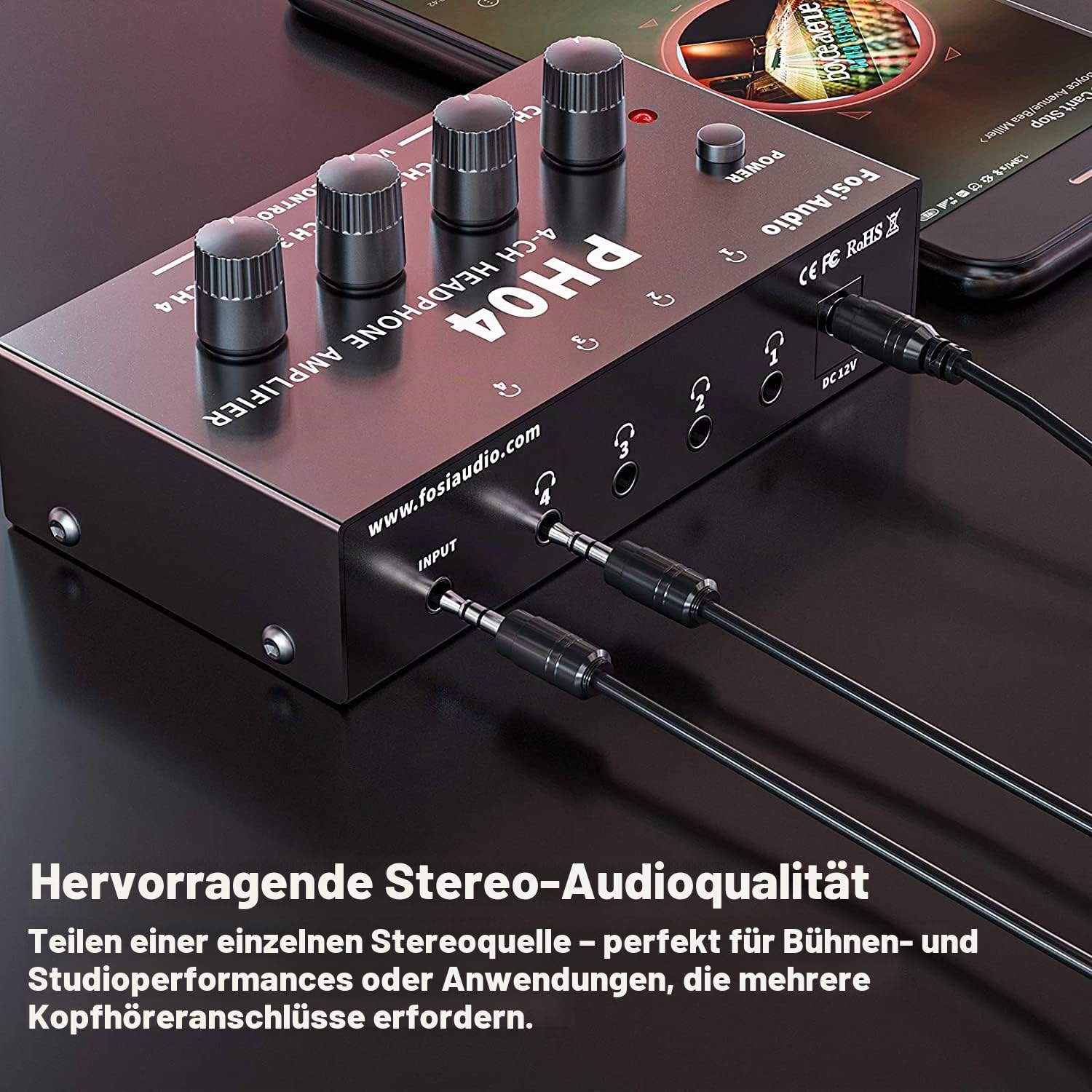 Fosi Audio PH04 4 Kanal Kopfhörerverstärker Metall-Stereo-Audio-Verstärker mit 12V 1,5A-Netzteil, ultrakompakter tragbarer Kopfhörersplitter für Studio und Bühne