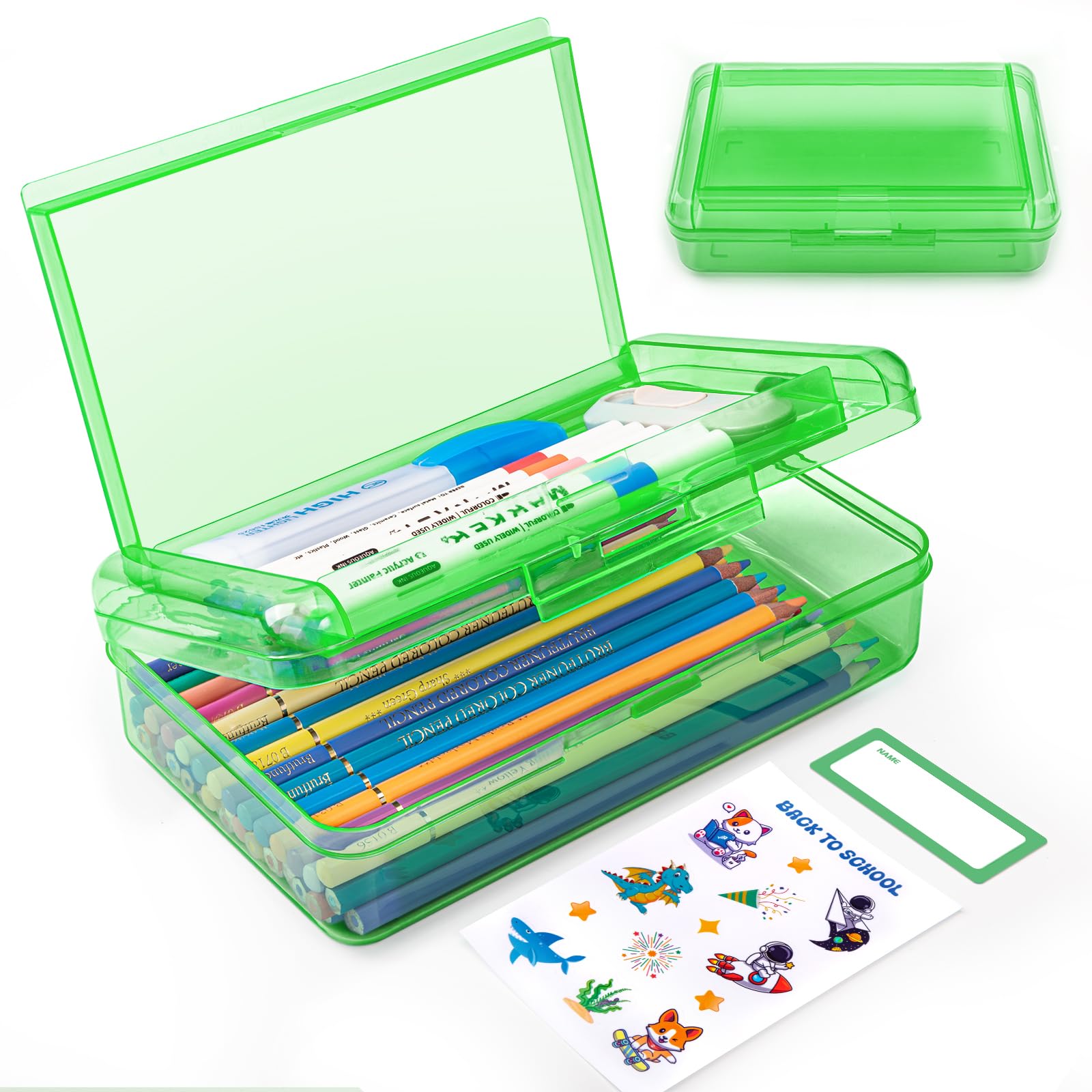 Double Layer Plastic Clear Hard Pencil Cases Box with Personalized sticker