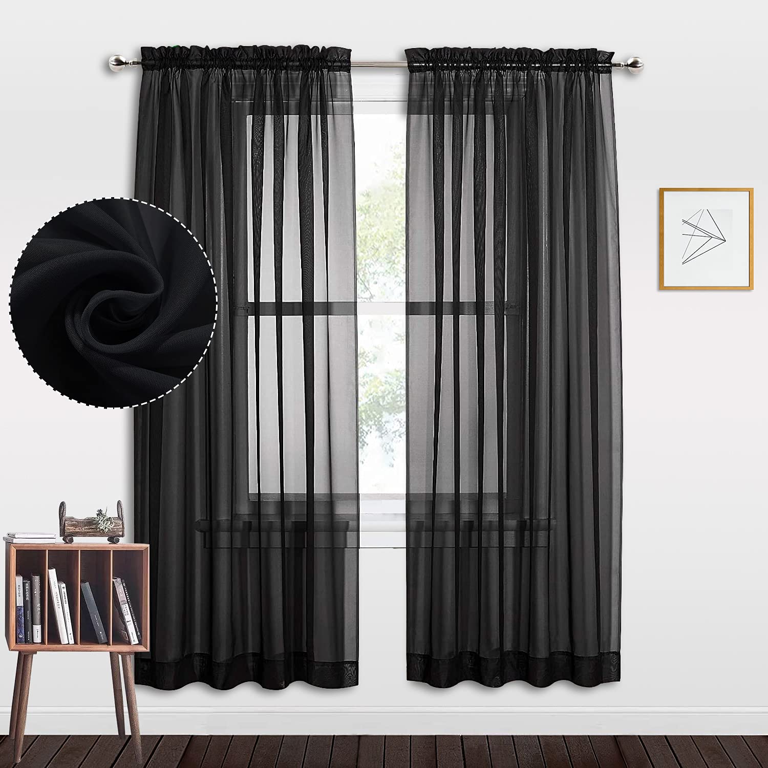 ALLJOY Black Sheer Curtains 72 Inch Length for Living Room 2 Panels Set, Soft Rod Pocket Draperies Home Decoration Voile Curtain for Kitchen/Privacy, Light Filtering Drapes for Bedroom Windows, W52