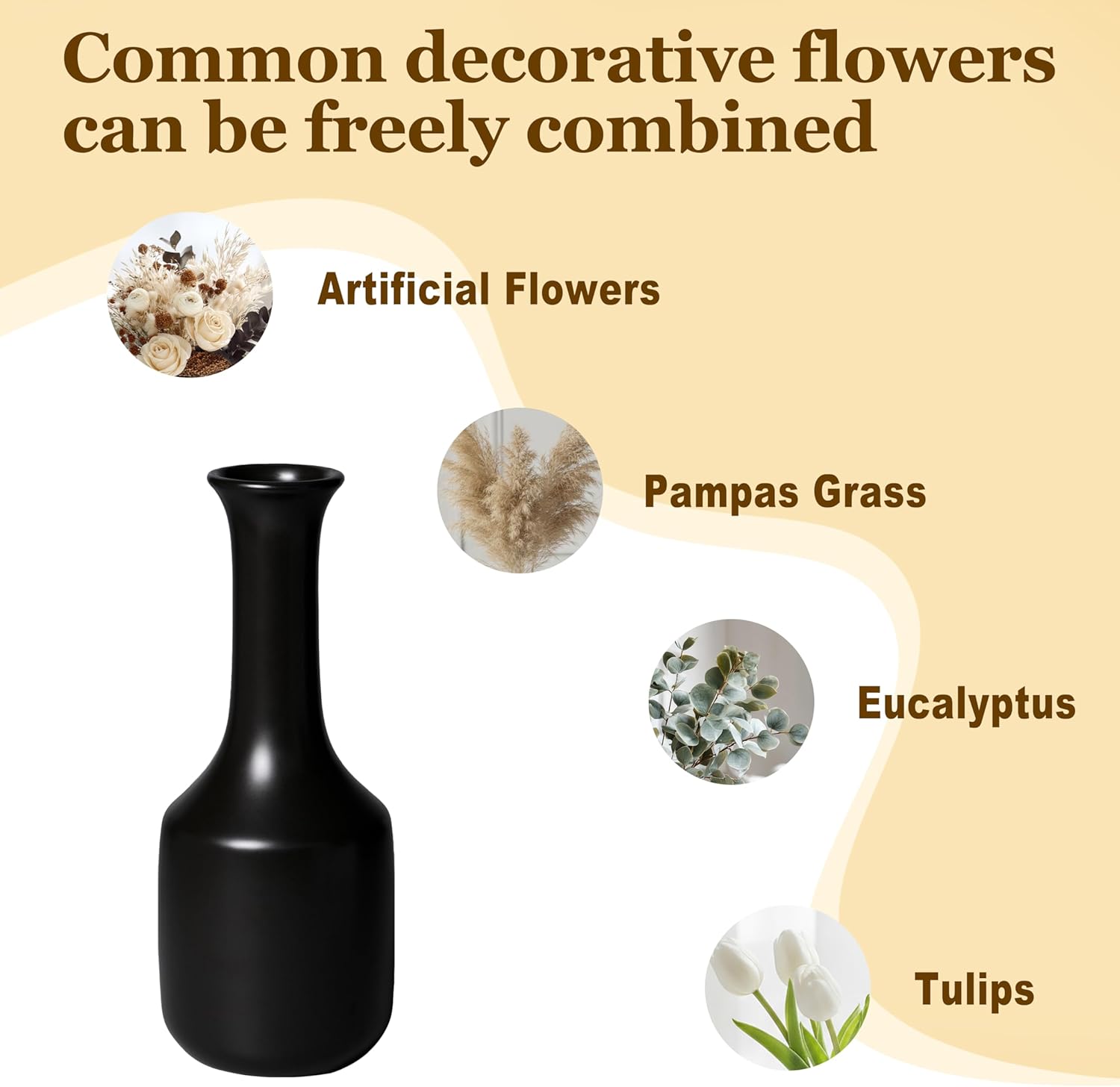 Black Ceramic Vase for Pampas Grass, 11 Inch Modern Flower Vase, Minimalist Boho Vase for Home Decor, Kitchen, Bedroom, Office, Living Room, Bathroom, Shelf Centerpiece Table Decor