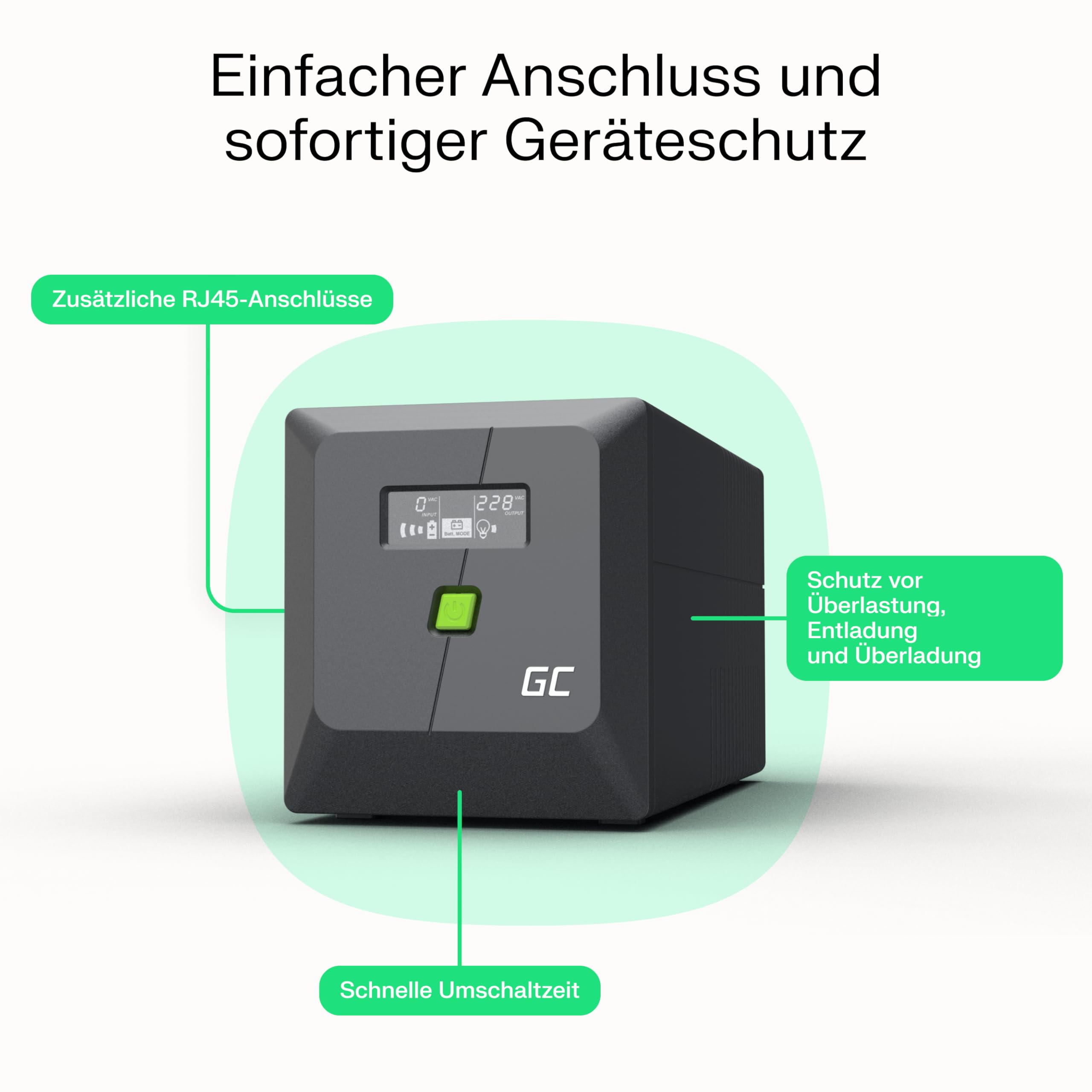 Greencell UPS 2000VA 1200W PowerProof LCD-Display Modifizierte Sinuswelle Überspannungsschutz Notstromversorgung 4x Schuko IEC