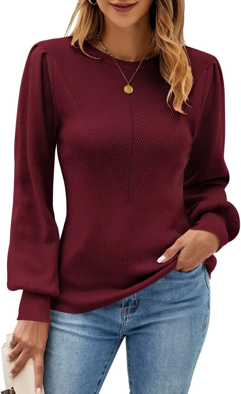 FEKOAFE Womens Sweaters Casual 2025 Fall Long Sleeve Tops Ribbed Knit Pullover Sweaters