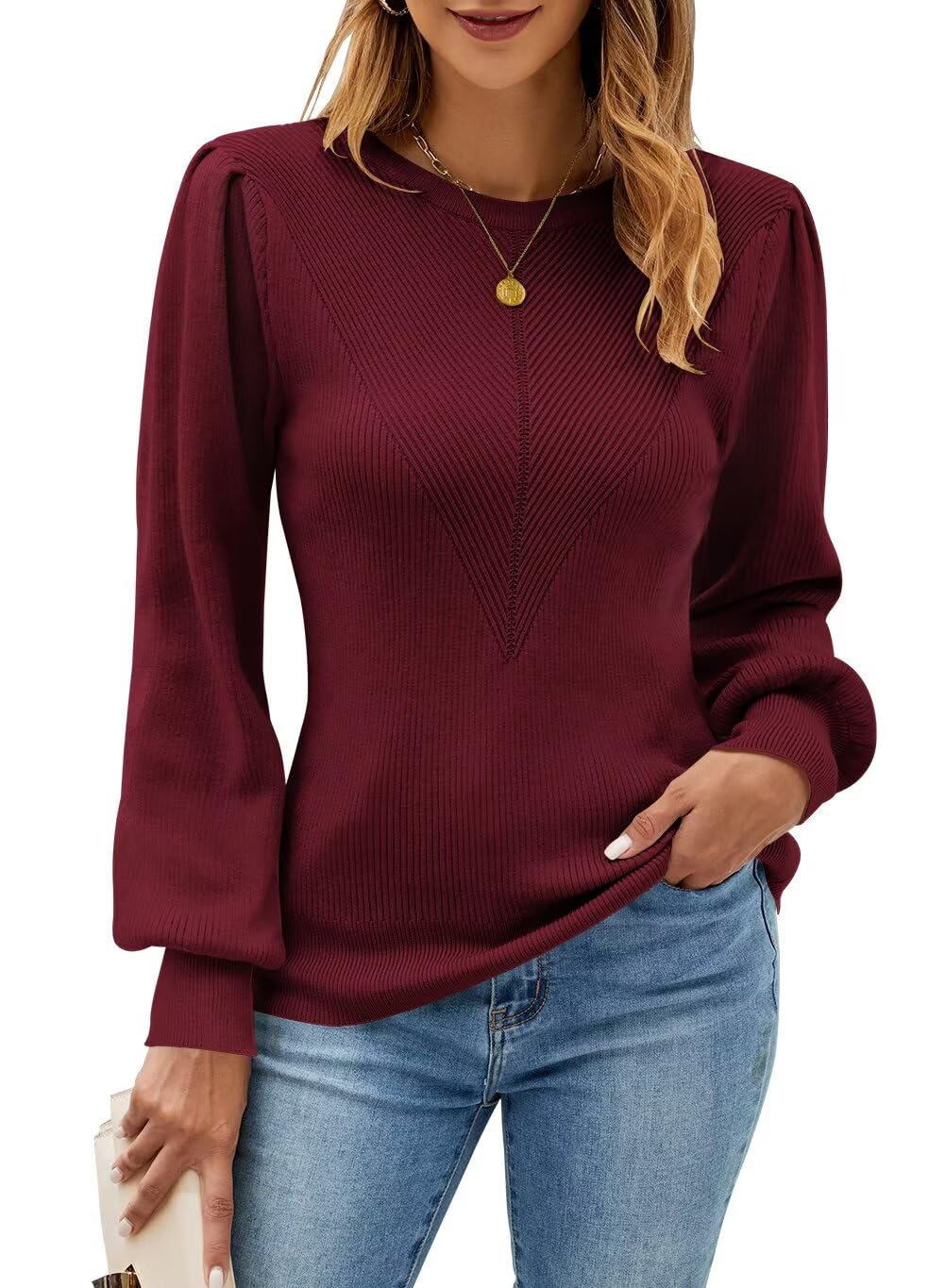 FEKOAFE Womens Sweaters Casual 2025 Fall Long Sleeve Tops Ribbed Knit Pullover Sweaters