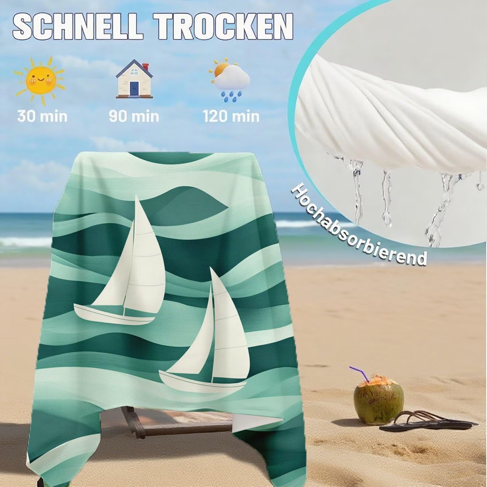 Strandtuch Grün Mikrofaser Strandtuch XXL 220x100 2 Set, Strandhandtuch mit Sandfrei, Schnelltrocknend, Absorbierend, handtücher groß für Badezimmer, Strand, Schwimmen, Geschenke für Männer Q-248