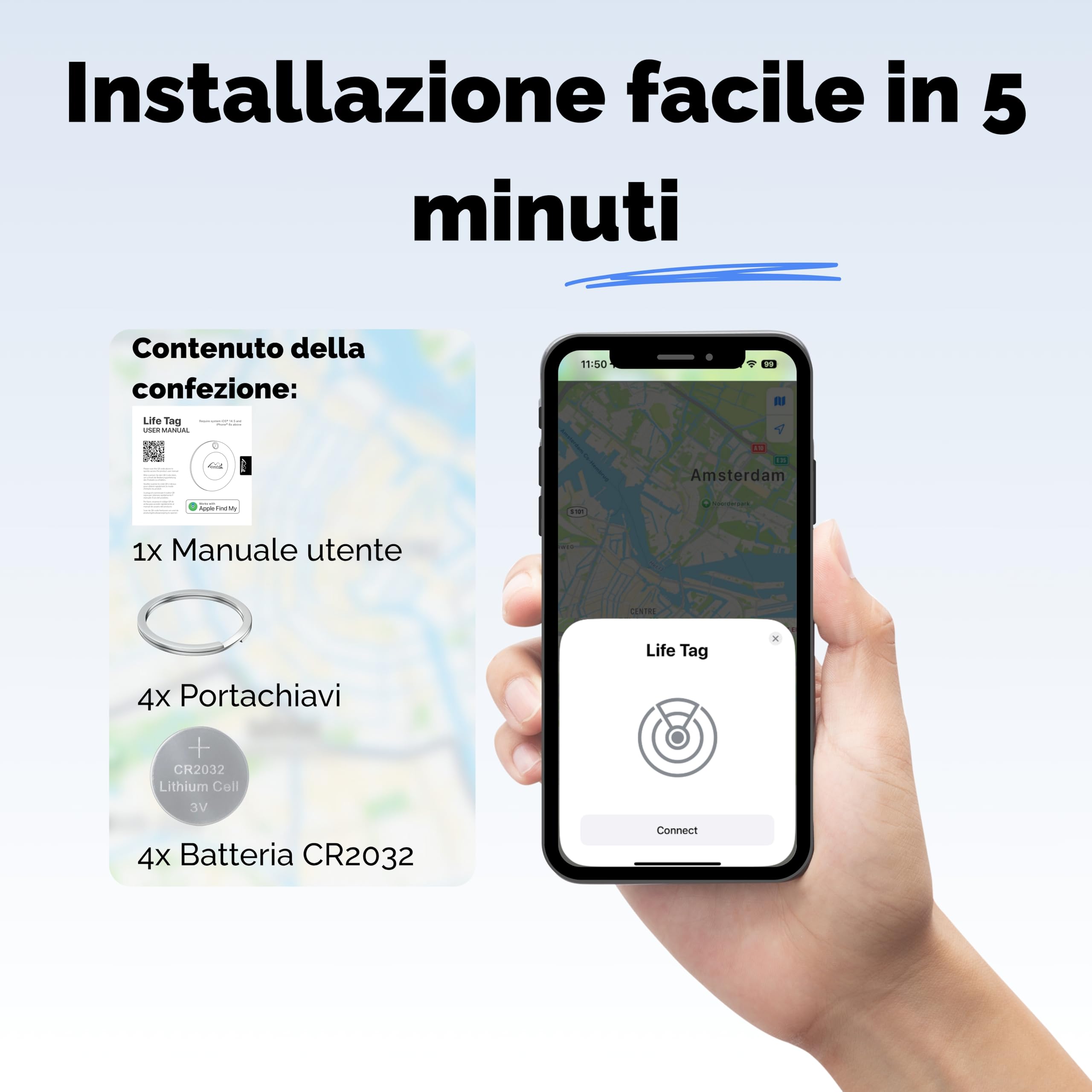 Lifemate Life Tag 8-Pack Tracker Bluetooth Compatibile con Apple iOS, Funziona con App “Dov’è”, Localizzatore per Chiavi, Portafogli, Valigie e Zaini, Impermeabile IP67, Batteria Lunga Durata
