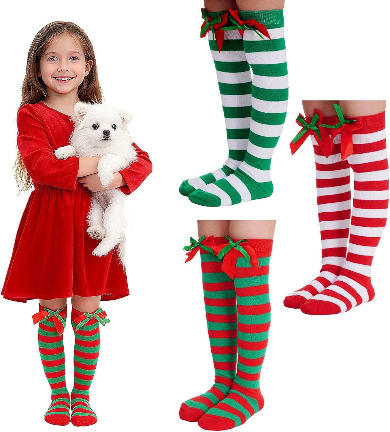 3 Pairs Girls Christmas Knee High Socks, Red Green White Striped Long Socks with Bows for Girls and Toddler