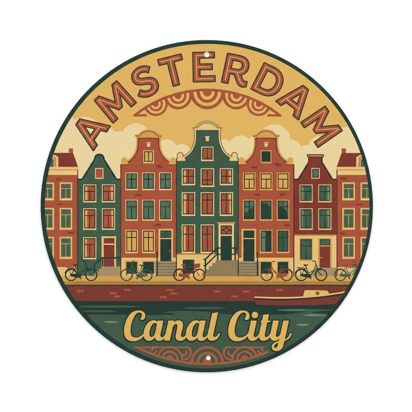 Vintage Travel Amsterdam Canal Bicycles Metal Tin Sign Plaque