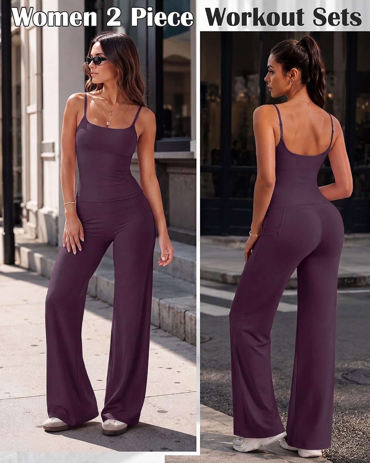 Coume Womens 2 Piece Workout Set Padded Spaghetti Strap Crop Top Straight Wide Leg Pants with Pocket Gym Yoga Pilates Outfits