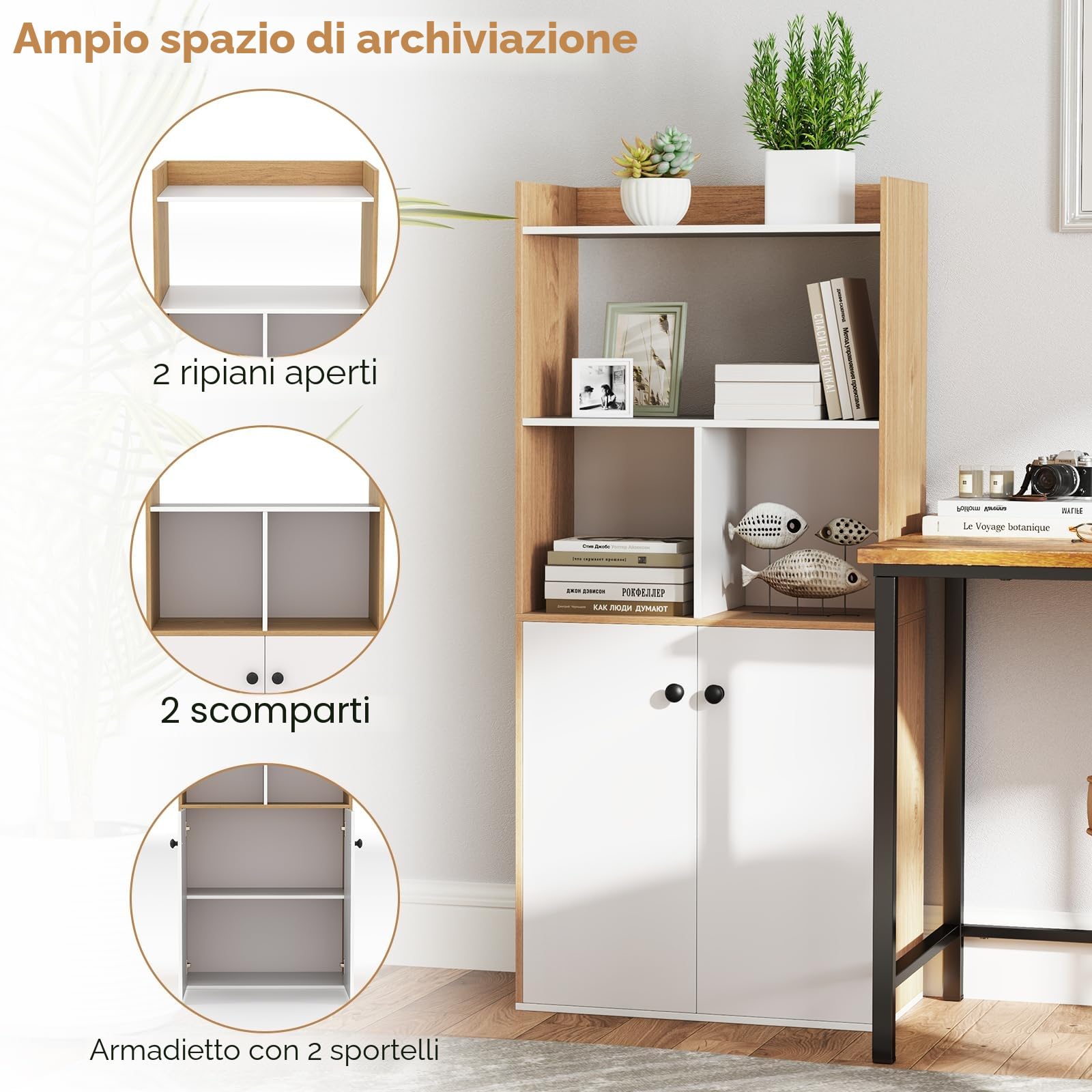 KOMFOTTEU Libreria Verticale in Legno con Armadio a Ante e 2 Ripiani Aperti, Libreria Scaffale, 60 x 30 x 140 cm (Bianco e Naturale)