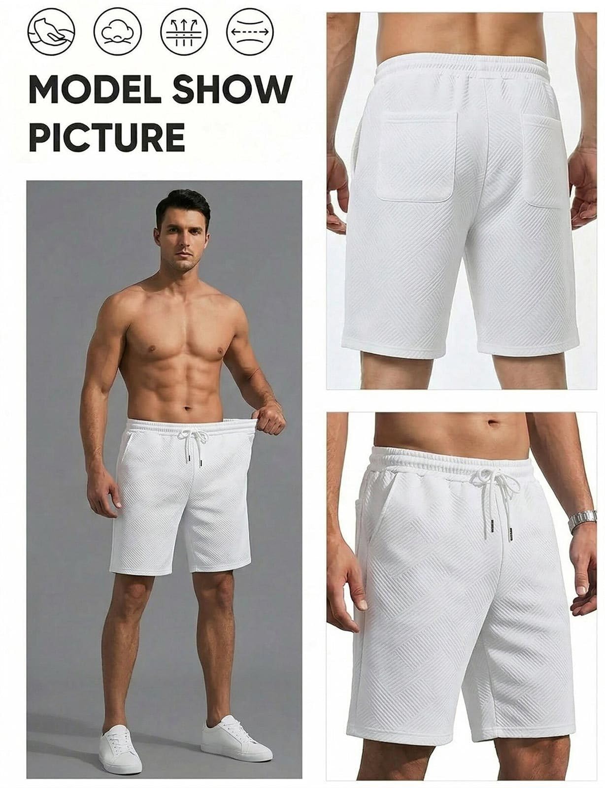 Halfword Pantalones Cortos Hombre Shorts Casual Tejido hasta la Rodilla Textura Gruesos Verano Cintura Elástica Bermudas Casa - 4