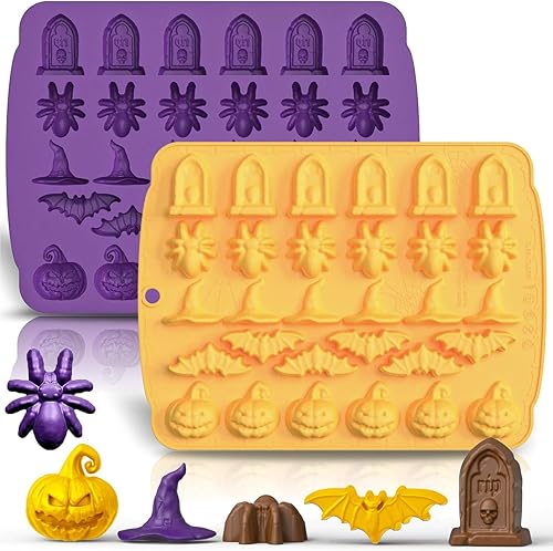 Molde de silicona para chocolate de Halloween, molde de goma de caramelo de 30 cavidades con sombrero de mago de calabaza, murciélago y araña,