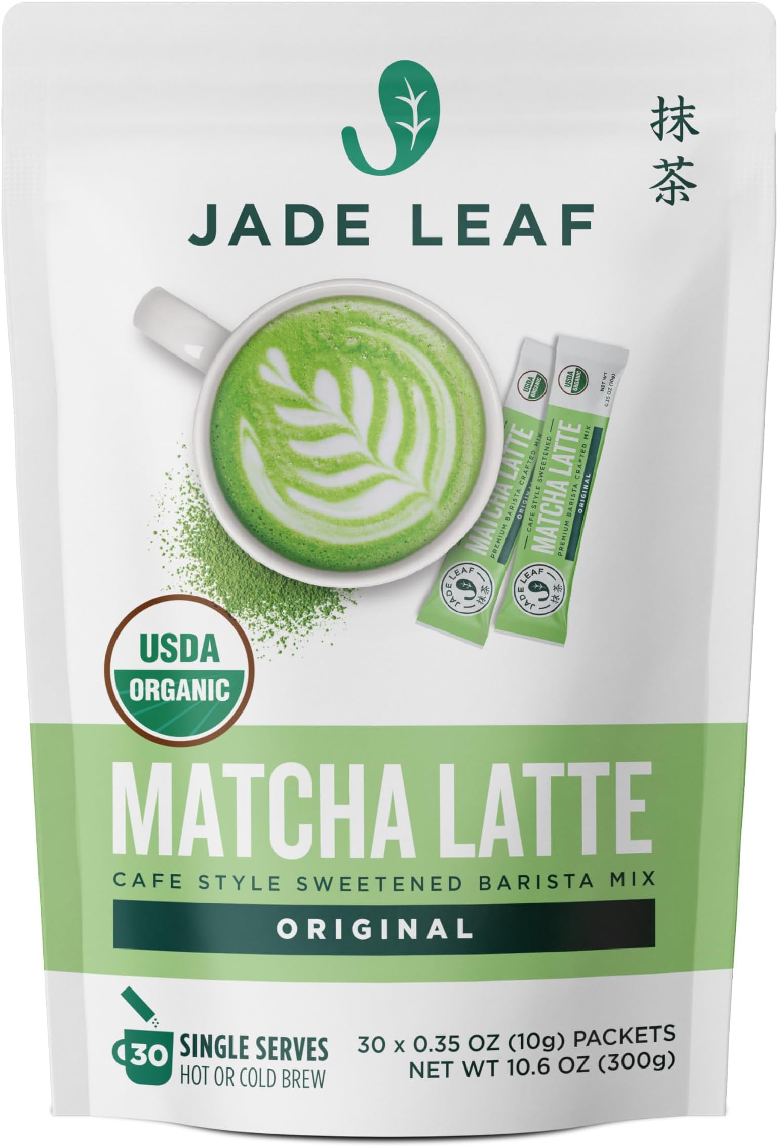 Jade Leaf Matcha Organic Matcha Latte Mix - 30 Individual Serving Sticks - Lightly Sweet Japanese Matcha Green Tea Powder with Organic Cane Sugar for Café Style Blend, 0.35 Ounce (Pack of 30)