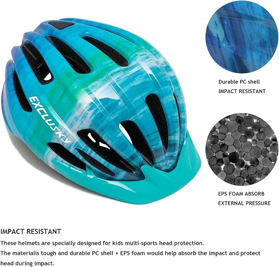 Exclusky Kids Bike Helmet with LED Light Adjustable Multi-Sport Youth Helmet for Boys & Girls, Ages 5-12, Fits 50-57cm, Cycling Safety Gear
