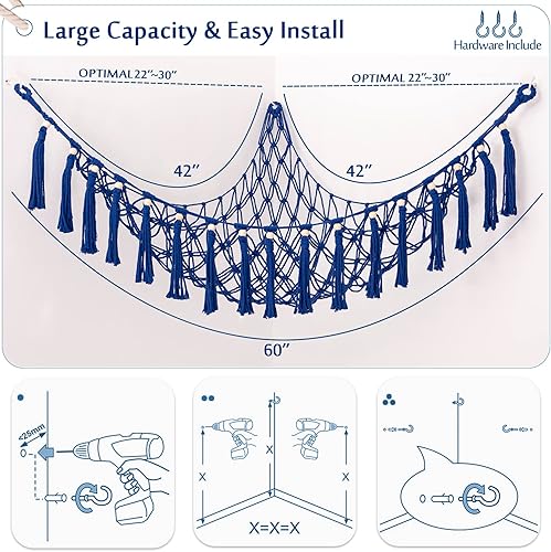 Miniatura 6 de MAKEONEWO Hamaca de juguete de peluche colgante, hecha a mano, organizador grande de macramé azul, soporte de red de juguetes de peluche para