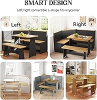 Vista 7 de Breakfast Nook Corner Dining Table Kitchen Bench Chair Set, Space-Saving 3-5 People Seat Reversible L-Shape for Family Home Grey Wood