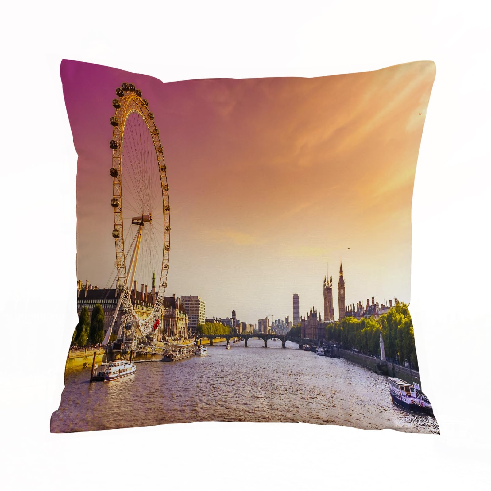 Errtu London,Sunset View Bridge On Thames River Fe - A6 Throw Pillow Case Pillowcase Square Printed Cushion Cover For Living Room Sofa Couch Bed Car,London,Sunset View Bridge On Thames River Ferris Wheel London Eye Big Ben Westminster,16X16 In