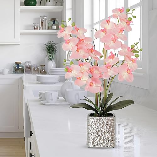 Miniatura 4 de Flores artificiales de orquídea con jarrón plateado, flores de falaenopsis de seda sintética grande para mesa de comedor, centros de mesa florales,