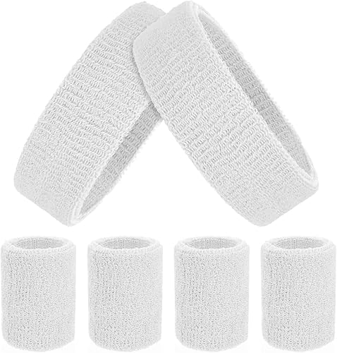 ASTER Juego de 6 muñequeras para la cabeza, incluye 2 diademas deportivas y 4 pulseras deportivas a rayas coloridas para hombres y mujeres,