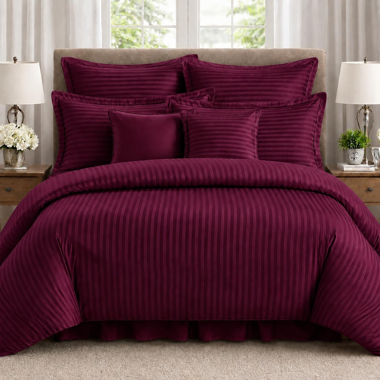 Satin Stripe, 100% Cotton, 300 Thread Count, Hotel and Luxury Home Style, 2 Piece (Wine, Single)-image-9