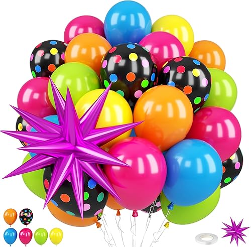 Globos de discoteca de los años 80 y 90, globos de punto neón de color rosa intenso, azul, verde, naranja, amarillo, globos de papel de aluminio con