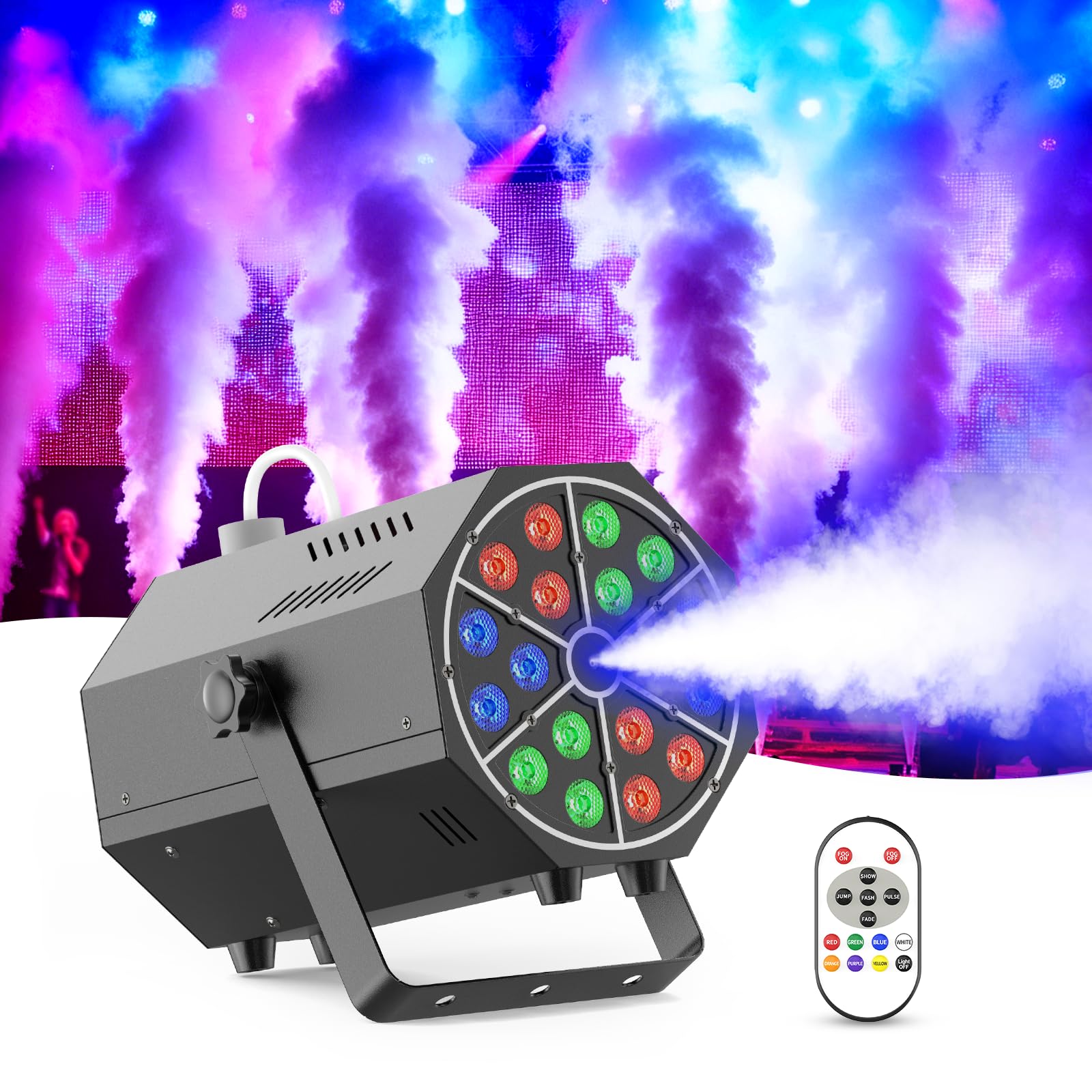 Máquina de Humo Hexagon 800W con 18 LED RGB y Control Remoto, 7 Colores Estáticos y 5 Modos LED Dinámicos para Halloween Navidad Bodas Fiestas y Escenarios