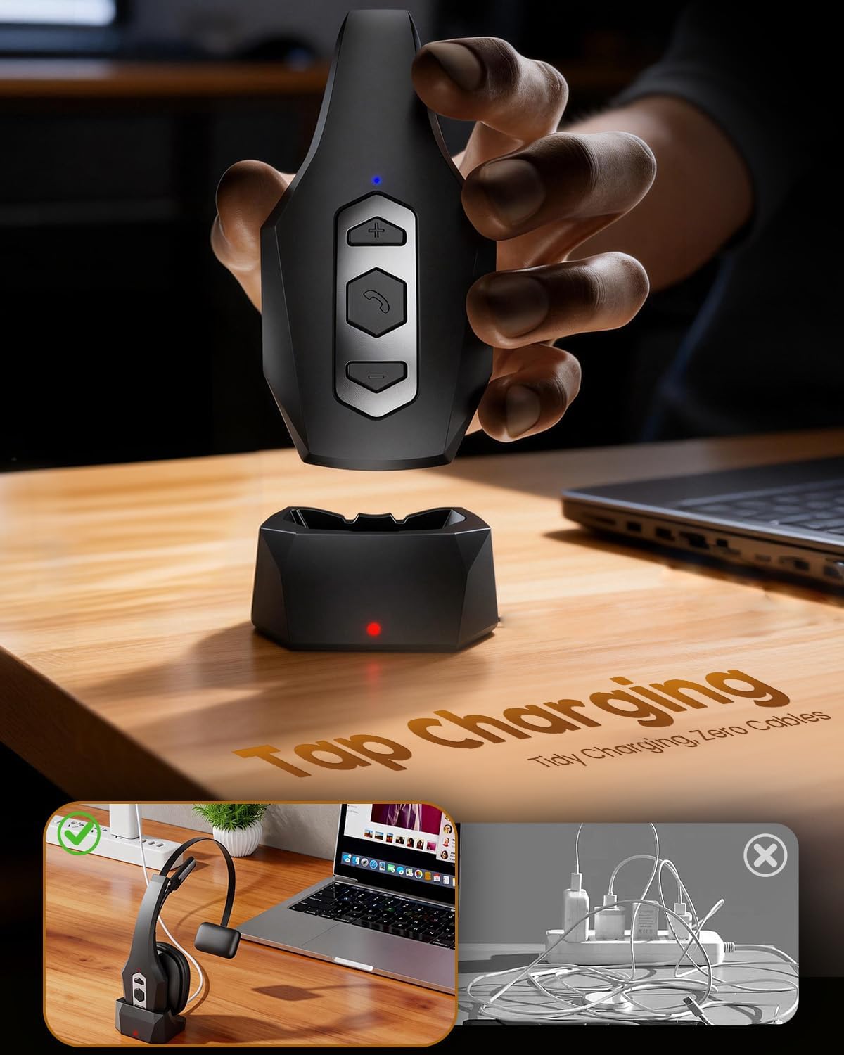 Trucker Bluetooth Headset with Charging Base, Wireless Hands-Free Headset with Noise Canceling Mic & Mute Button, 56Hrs Working Time PC Headsets for Cell Phones, Computer, Truck Driver