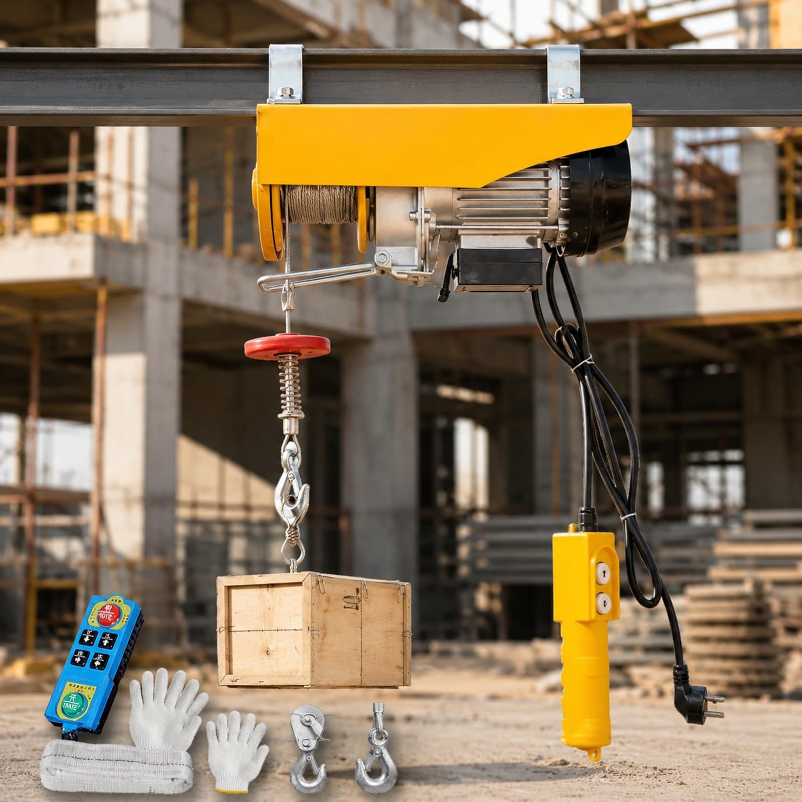 Paranco Elettrico Portatile 140-840kg Verricello da Soffitto per Garage | Altezza Sollevamento 12M Telecomando a Filo Verricello Elettrico 220V Veloce per Magazzino Costruzione Edile(350kg)