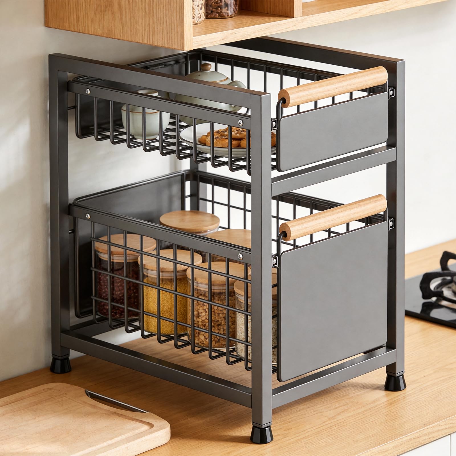 Schrank Organizer Ausziehbar, Küchen Organizer Spüle Unterschrank Regal, 2 Etagen Metall Ablage mit Holzgriff, Rostfrei & Stabil für Bad & Küche, 39x24x42cm-Grau