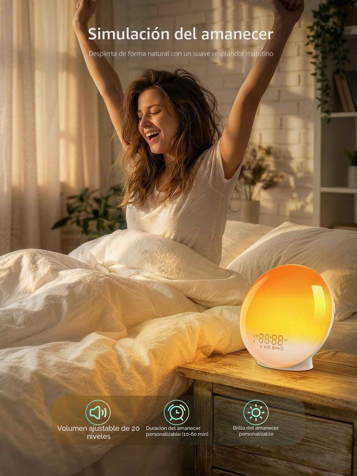 Reloj despertador de amanecer, luz de despertar con simulación de amanecer/atardecer, control de aplicación, 4 alarmas, calibración automática de tiempo, función de repetición, radio FM, 7 sonidos