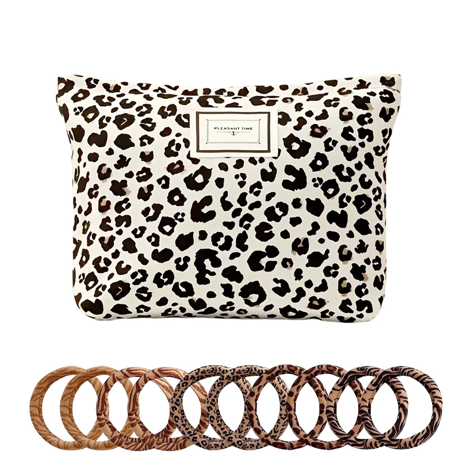 Leopard Print Make Up Bag Cosmetic Pouch Zipper Case with 10pcs Leopard Hair Ties Bands