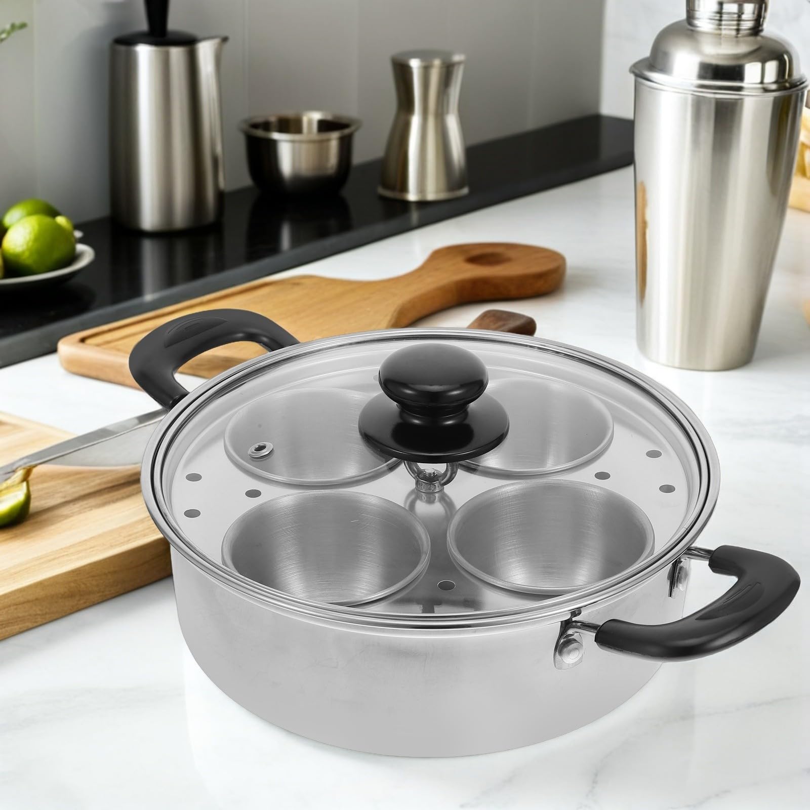 Operitacx Cocedor de Huevos al Vapor de Acero Inoxidable Plata 4 Tazas | Tazas Desmontables, Tapa con Asa, Formato Compacto para Cocina Doméstica y Espacios Reducidos