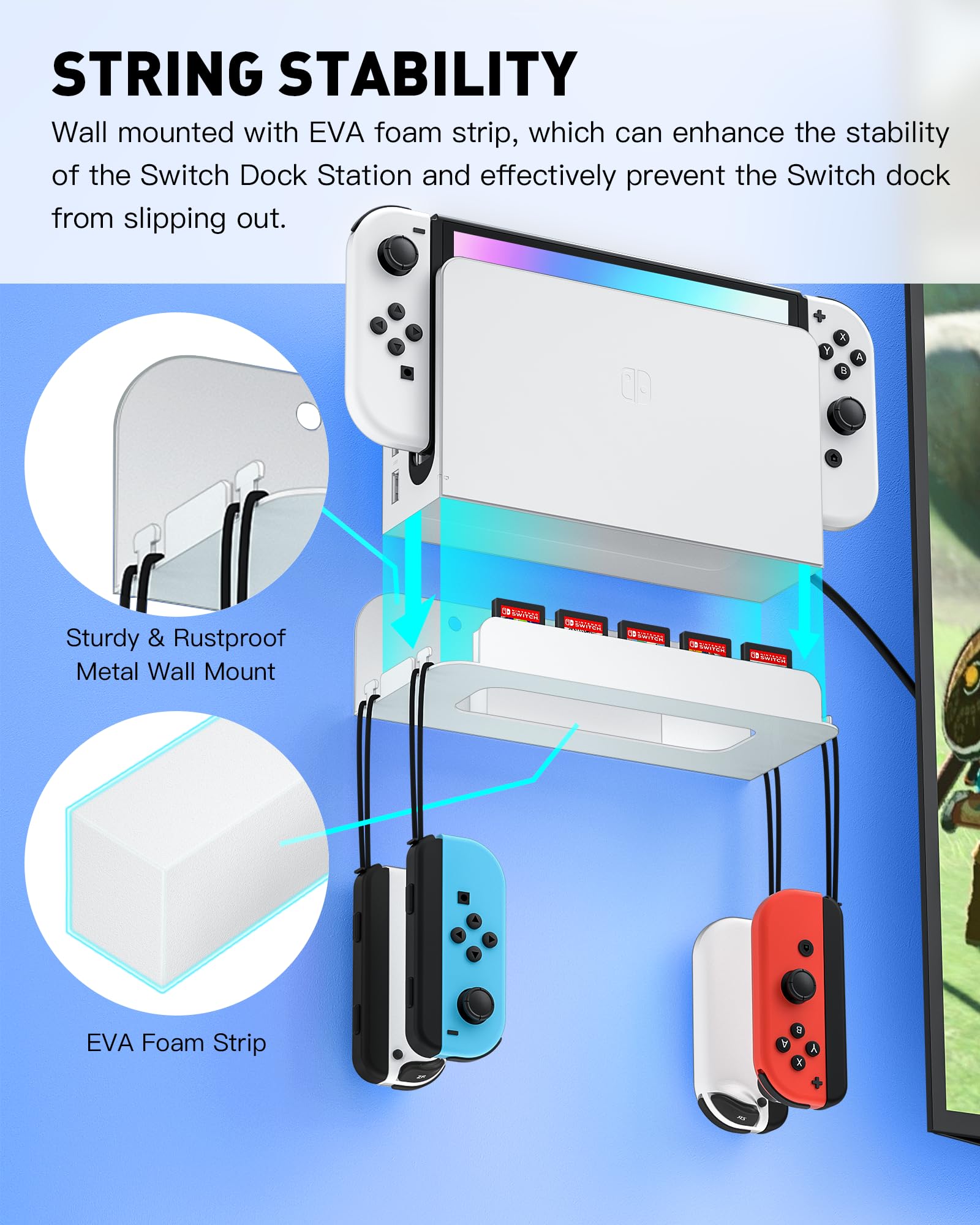 ZAONOOL Support mural pour Nintendo Switch 1 et Switch OLED, kit d'étagère murale en métal avec 5 supports de cartes de jeu et 4 crochets Joy Con, rangez en toute sécurité la console Switch près ou